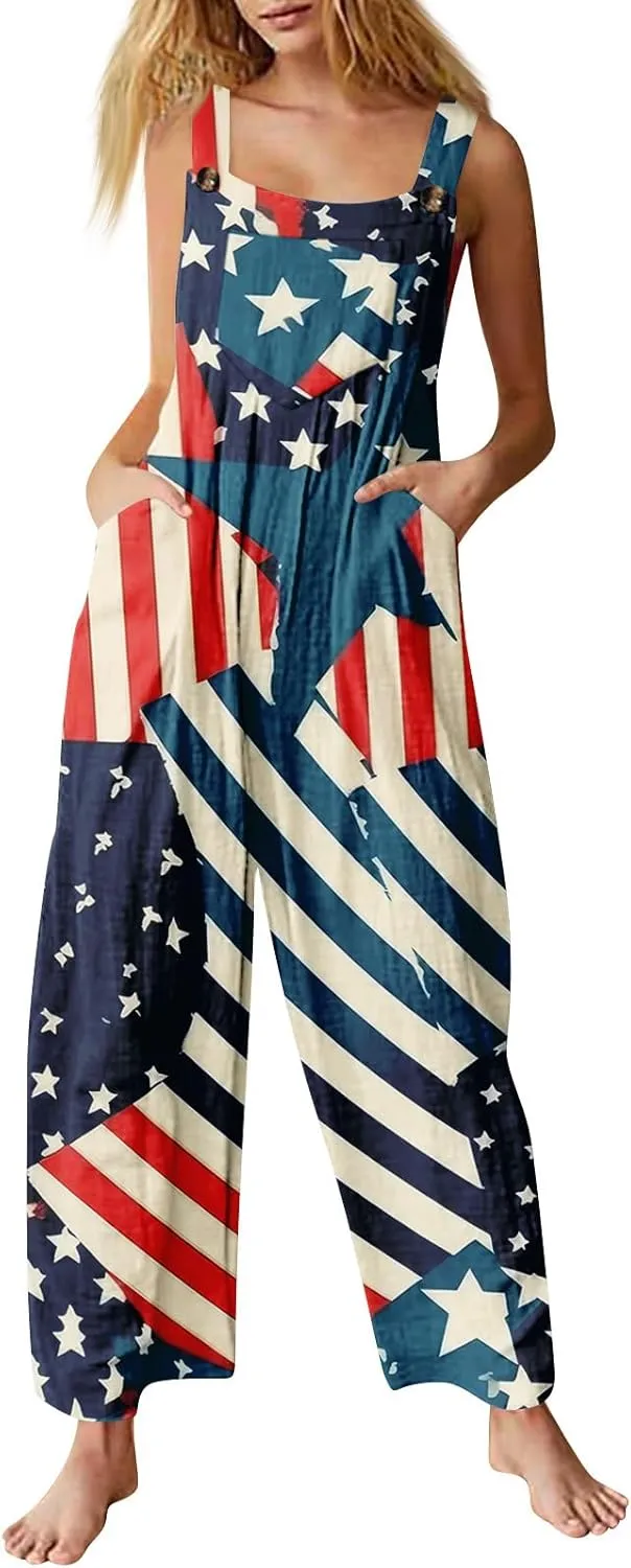 American Flag Romper Women Cotton Linen Sleeveless Straps Harem Tapered Bib Jumpsuits Red White and Blue Overalls