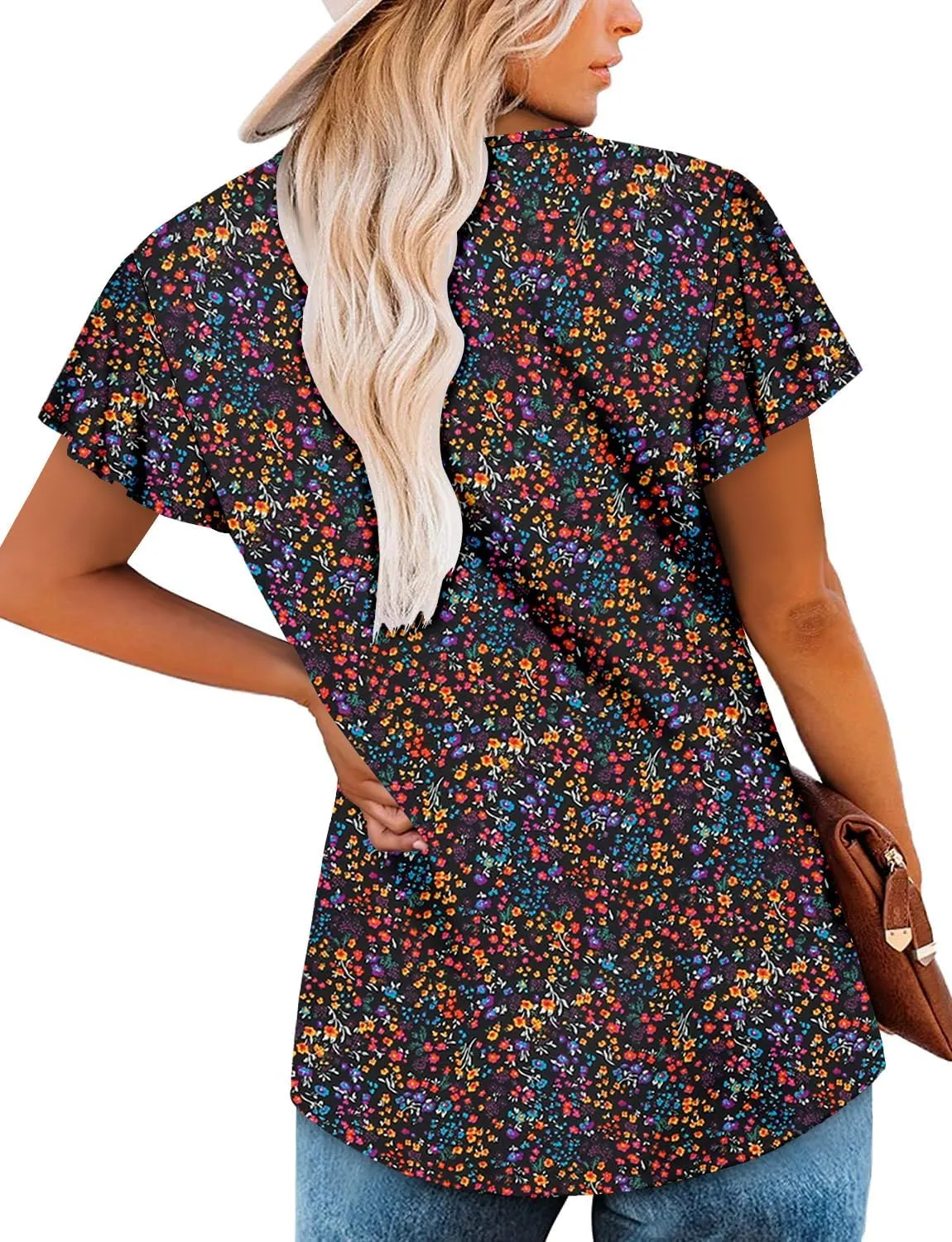 Angerella Women Tunic Tops Dressy Casual Summer Short Sleeve Shirts Floral Loose Fit Pleated Boho Top S-3XL