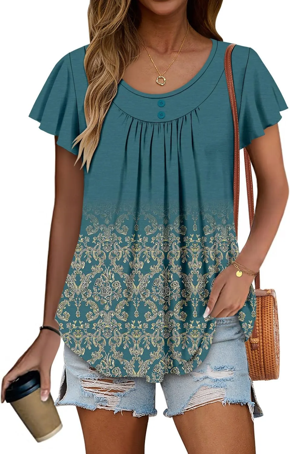 Angerella Women Tunic Tops Dressy Casual Summer Short Sleeve Shirts Floral Loose Fit Pleated Boho Top S-3XL