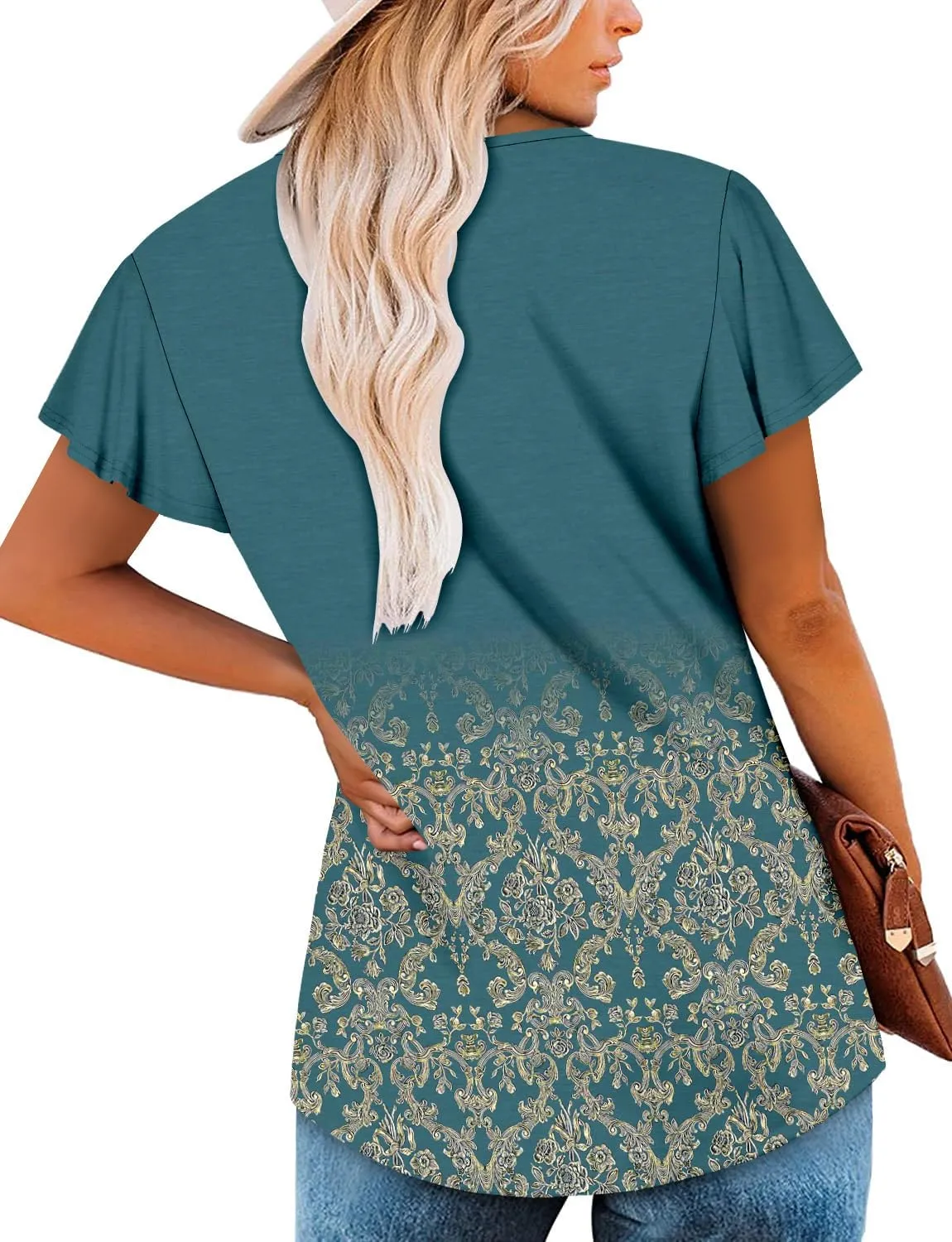 Angerella Women Tunic Tops Dressy Casual Summer Short Sleeve Shirts Floral Loose Fit Pleated Boho Top S-3XL