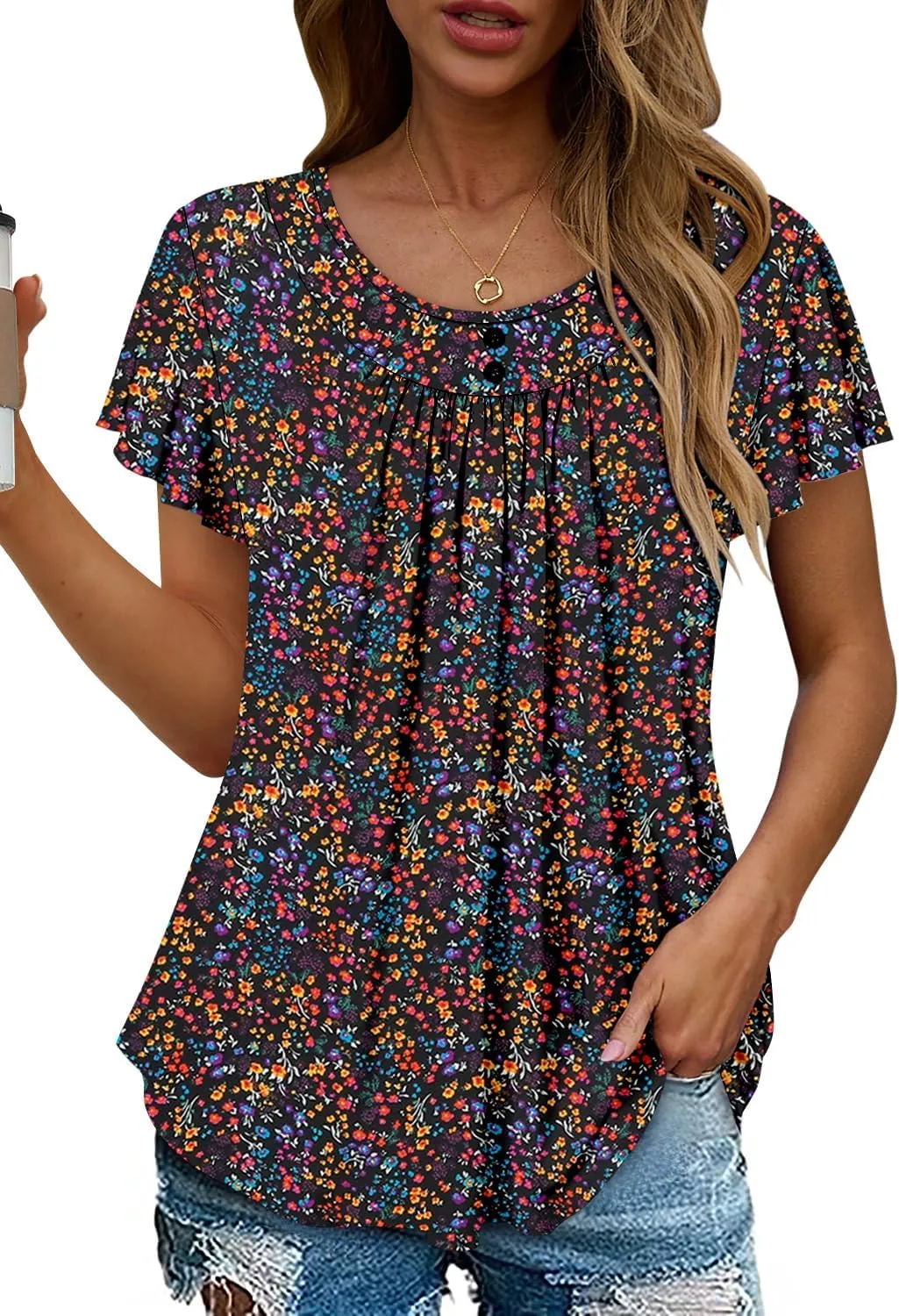 Angerella Women Tunic Tops Dressy Casual Summer Short Sleeve Shirts Floral Loose Fit Pleated Boho Top S-3XL