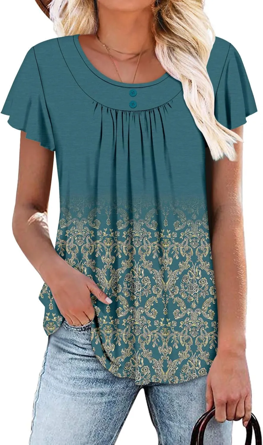 Angerella Women Tunic Tops Dressy Casual Summer Short Sleeve Shirts Floral Loose Fit Pleated Boho Top S-3XL