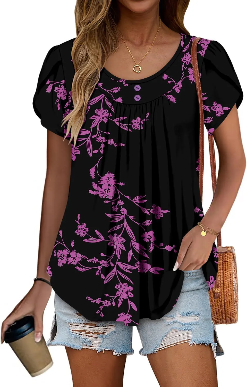 Angerella Women Tunic Tops Dressy Casual Summer Short Sleeve Shirts Floral Loose Fit Pleated Boho Top S-3XL