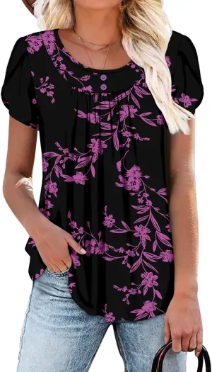 Angerella Women Tunic Tops Dressy Casual Summer Short Sleeve Shirts Floral Loose Fit Pleated Boho Top S-3XL