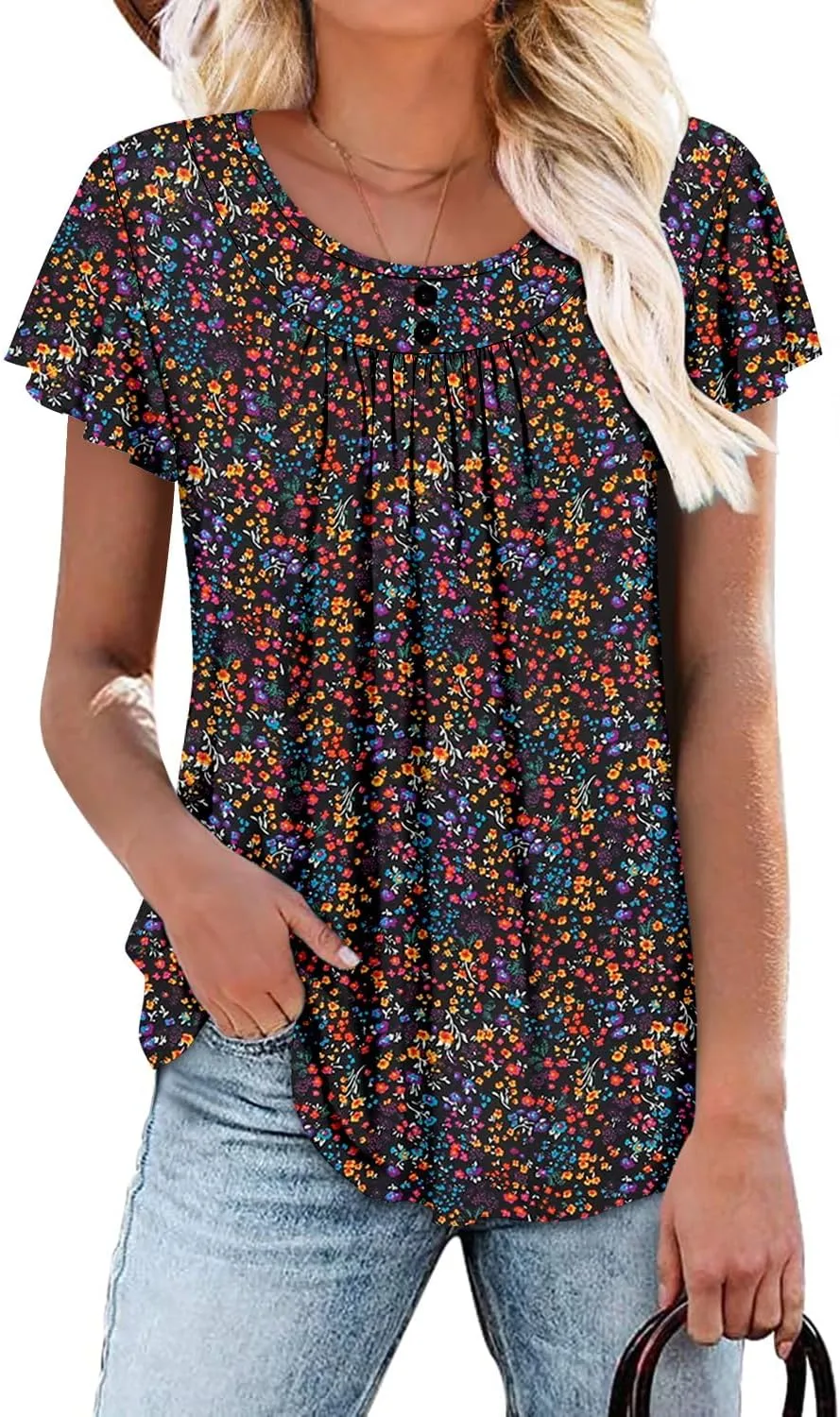 Angerella Women Tunic Tops Dressy Casual Summer Short Sleeve Shirts Floral Loose Fit Pleated Boho Top S-3XL