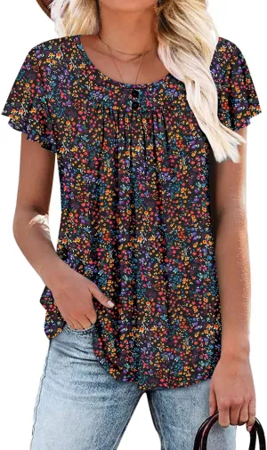 Angerella Women Tunic Tops Dressy Casual Summer Short Sleeve Shirts Floral Loose Fit Pleated Boho Top S-3XL