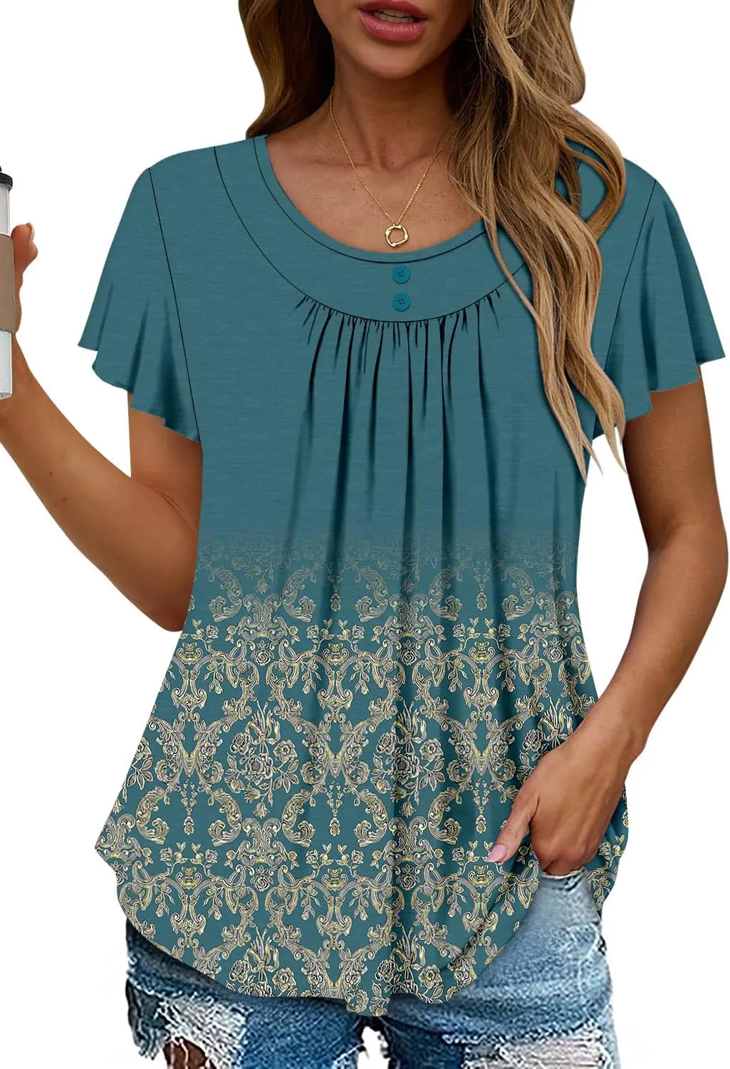 Angerella Women Tunic Tops Dressy Casual Summer Short Sleeve Shirts Floral Loose Fit Pleated Boho Top S-3XL