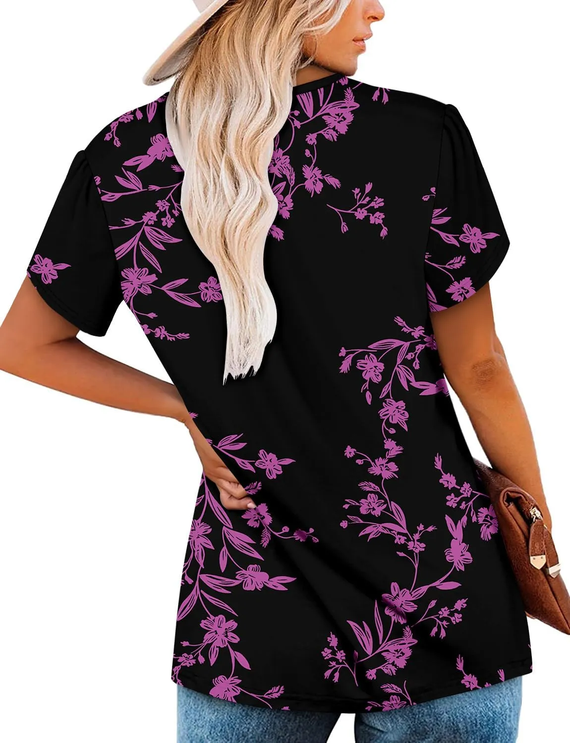 Angerella Women Tunic Tops Dressy Casual Summer Short Sleeve Shirts Floral Loose Fit Pleated Boho Top S-3XL