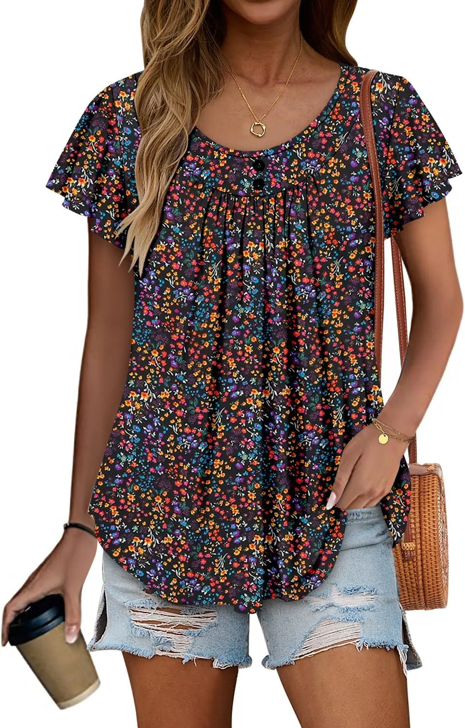 Angerella Women Tunic Tops Dressy Casual Summer Short Sleeve Shirts Floral Loose Fit Pleated Boho Top S-3XL