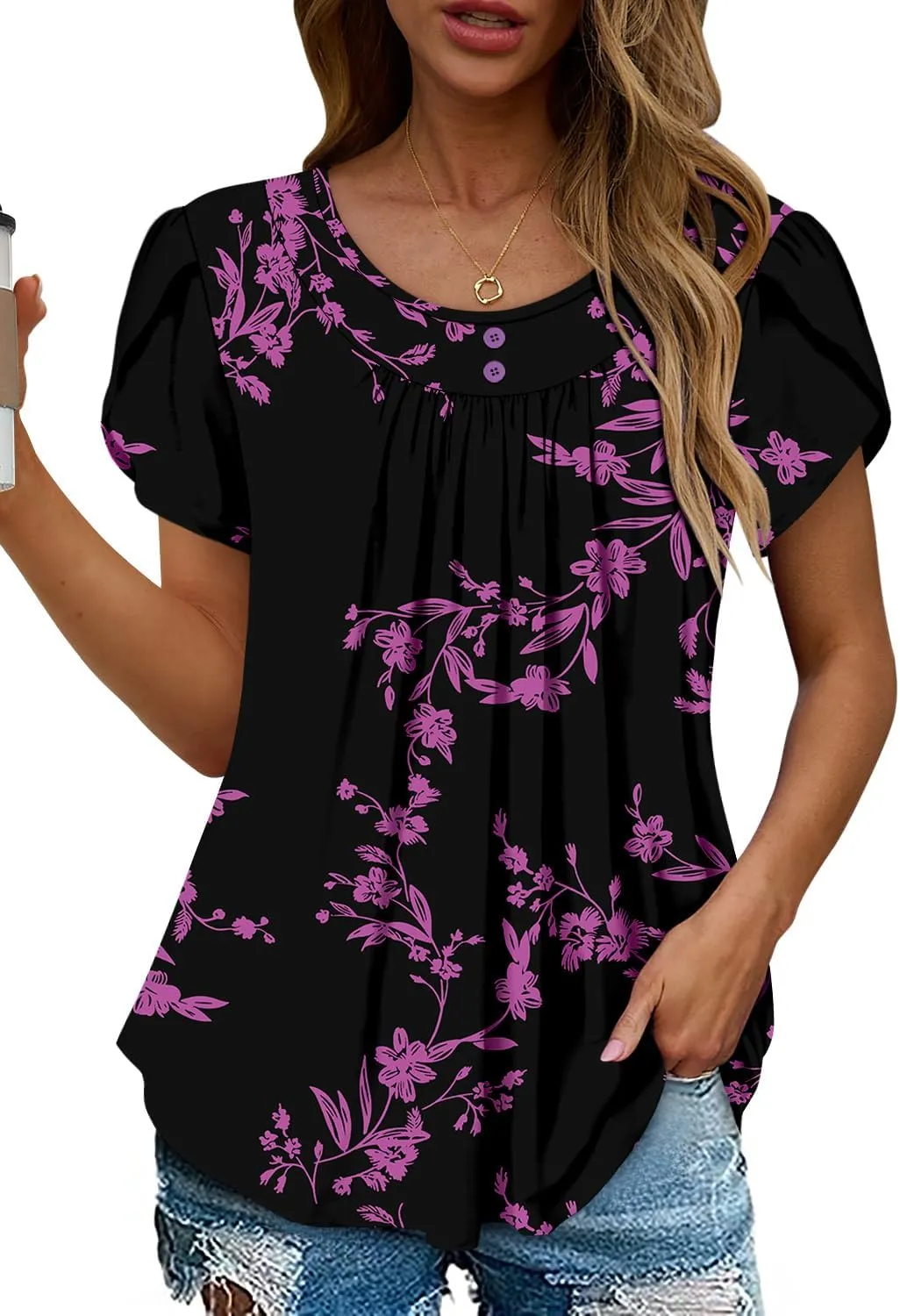 Angerella Women Tunic Tops Dressy Casual Summer Short Sleeve Shirts Floral Loose Fit Pleated Boho Top S-3XL
