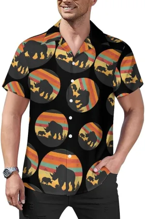 Animals Rhino Sunset Vintage Men's Button Down Shirts Short Sleeve Casual Shirts Summer T-Shirt Top for Vacation Wedding