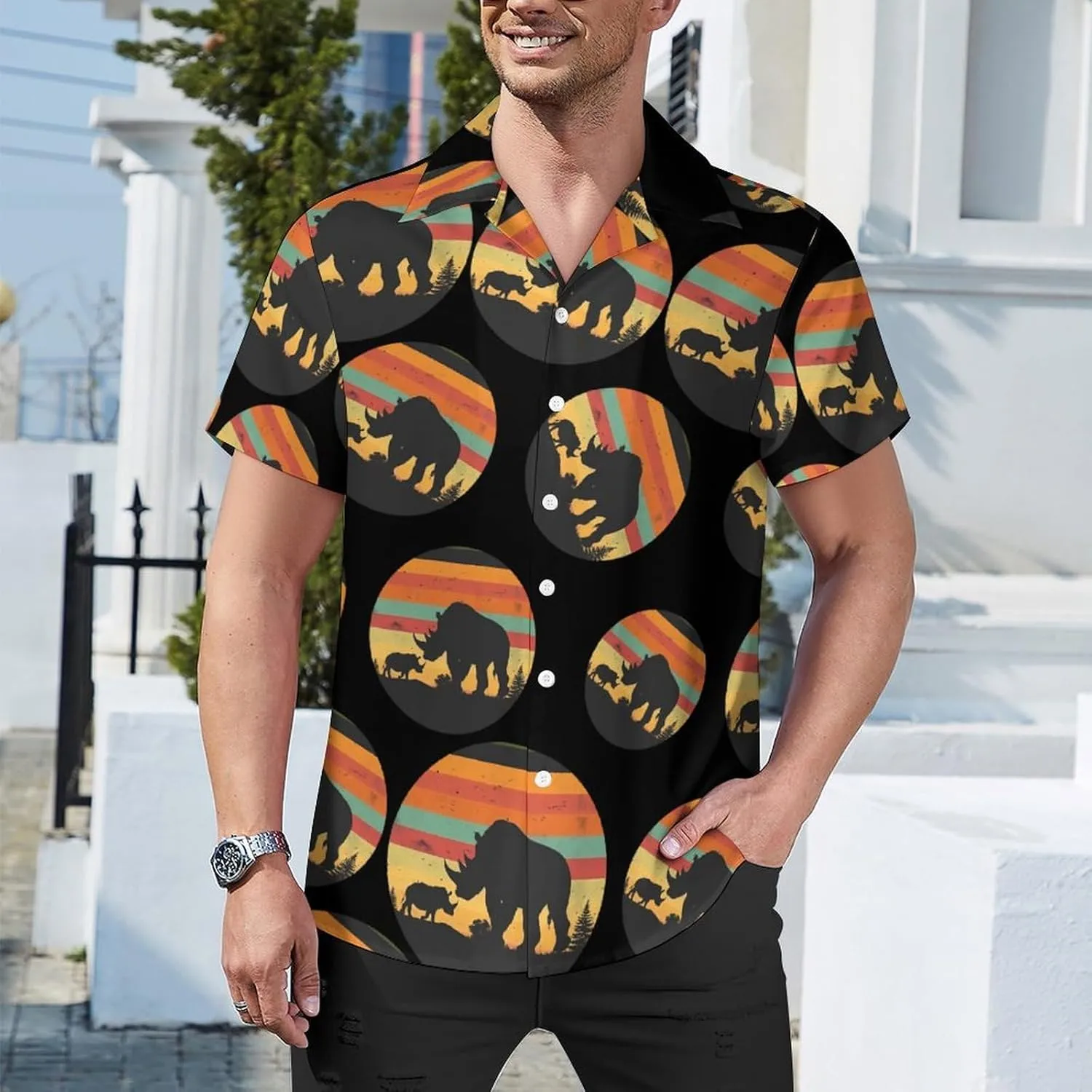 Animals Rhino Sunset Vintage Men's Button Down Shirts Short Sleeve Casual Shirts Summer T-Shirt Top for Vacation Wedding