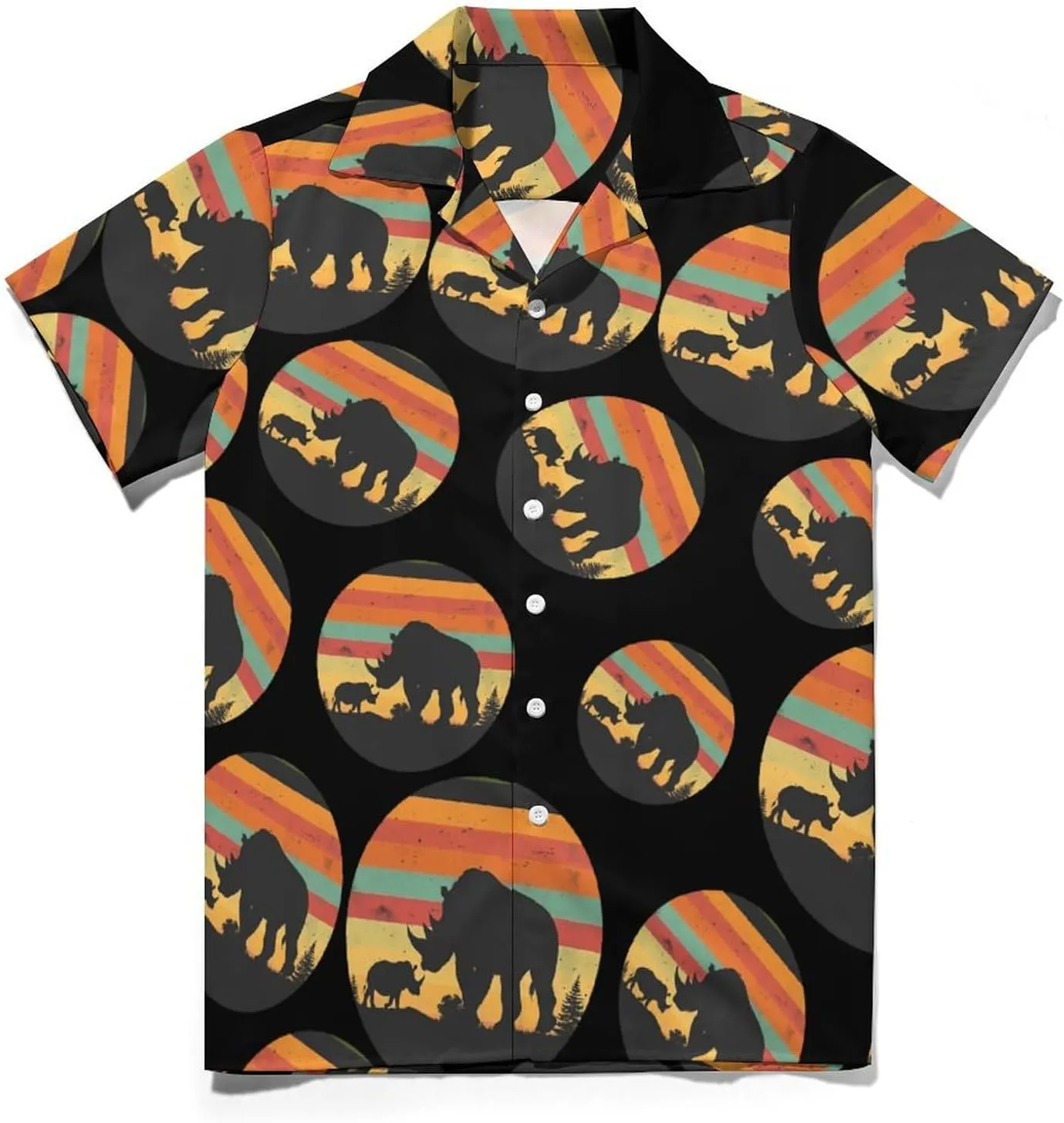 Animals Rhino Sunset Vintage Men's Button Down Shirts Short Sleeve Casual Shirts Summer T-Shirt Top for Vacation Wedding