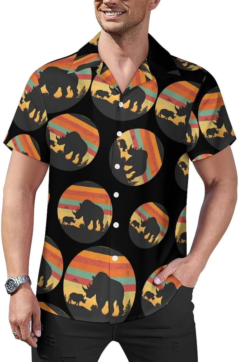 Animals Rhino Sunset Vintage Men's Button Down Shirts Short Sleeve Casual Shirts Summer T-Shirt Top for Vacation Wedding
