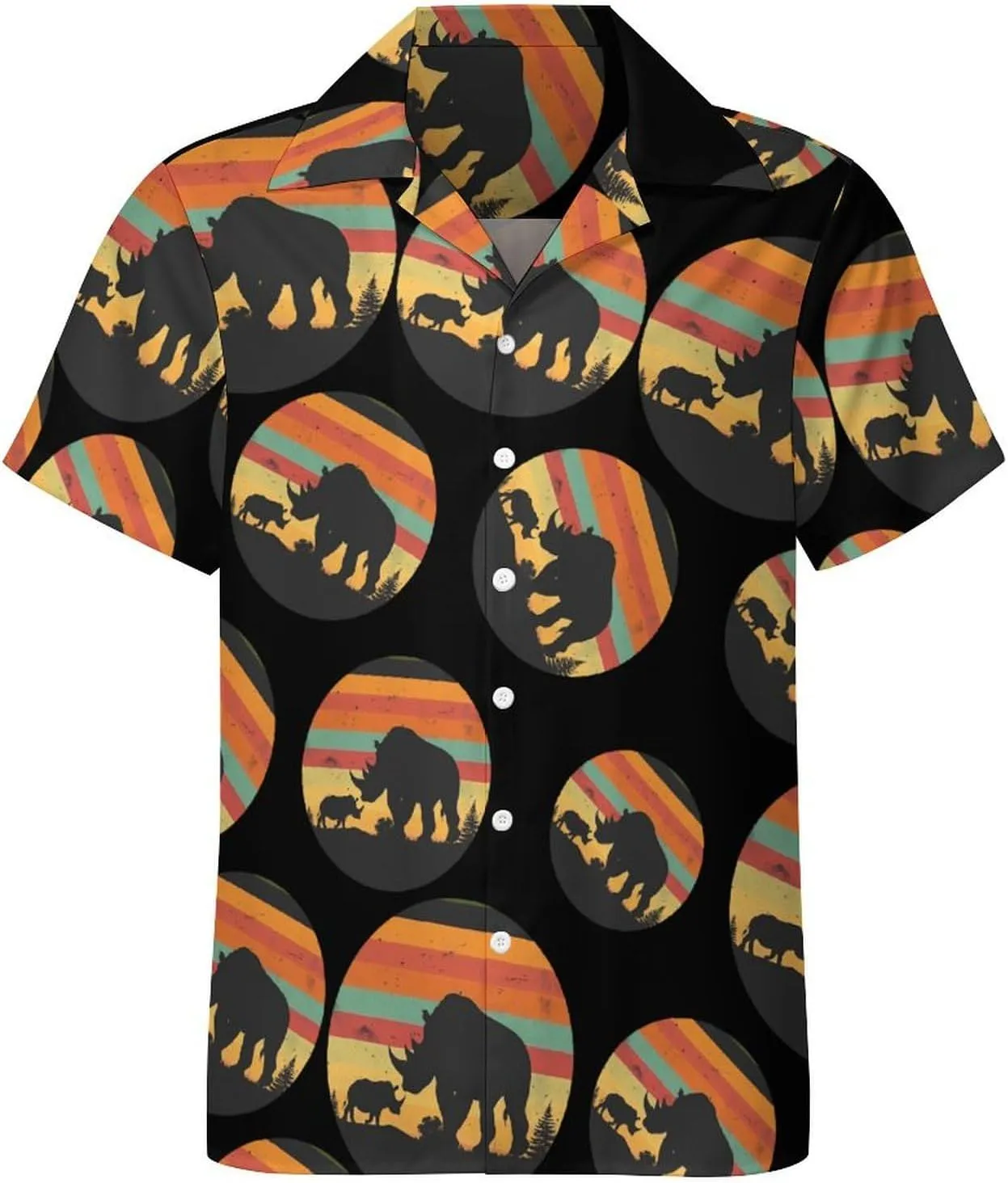 Animals Rhino Sunset Vintage Men's Button Down Shirts Short Sleeve Casual Shirts Summer T-Shirt Top for Vacation Wedding