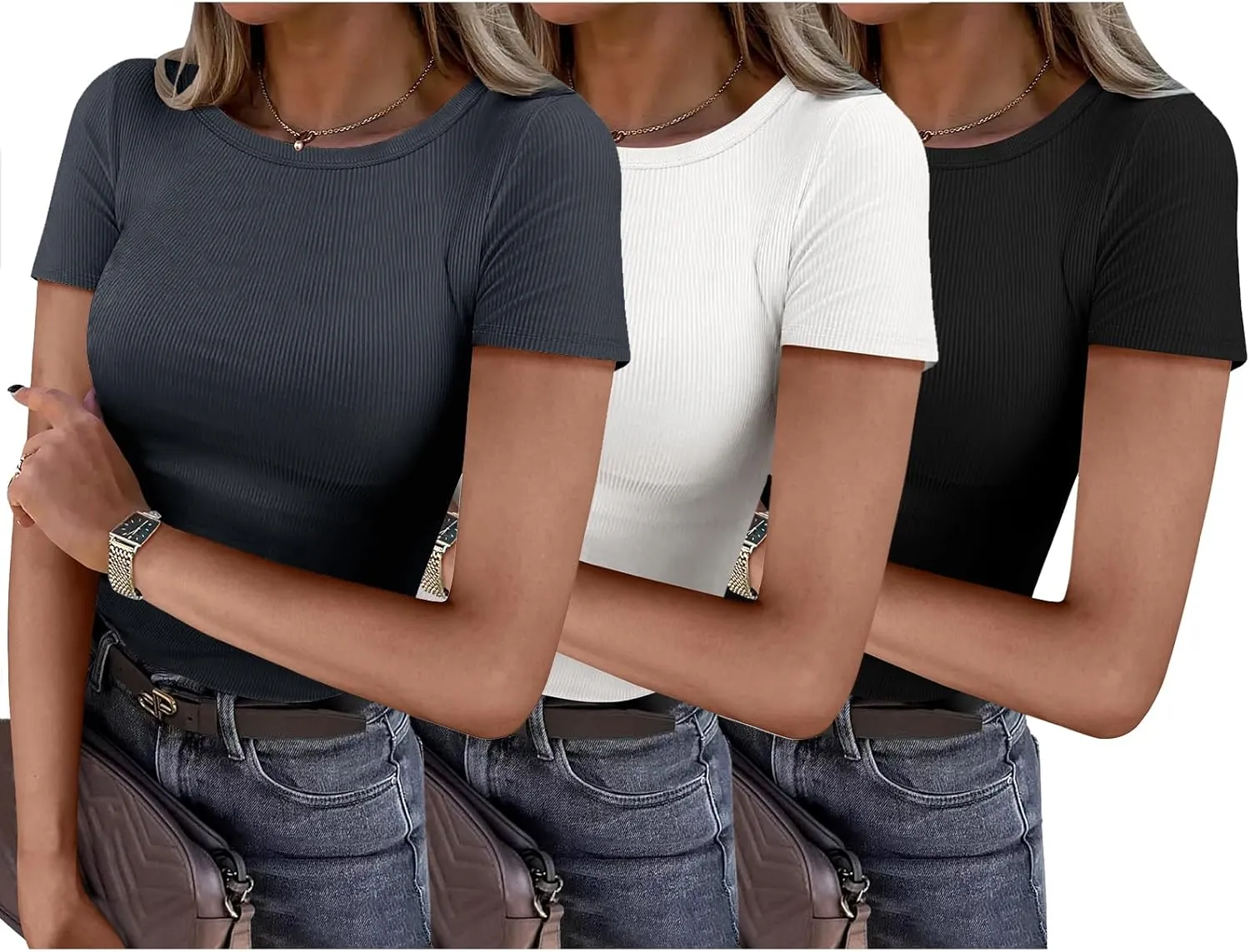ANRABESS Women Short Sleeve Shirts Rib Knit Slim Fitted Summer Basic Tee Tops 2025 Underwear Outfits Clothes 3 Pack
