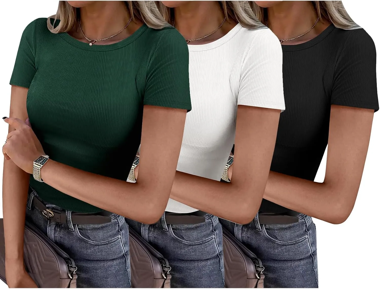ANRABESS Women Short Sleeve Shirts Rib Knit Slim Fitted Summer Basic Tee Tops 2025 Underwear Outfits Clothes 3 Pack