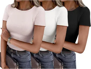 ANRABESS Women Short Sleeve Shirts Rib Knit Slim Fitted Summer Basic Tee Tops 2025 Underwear Outfits Clothes 3 Pack