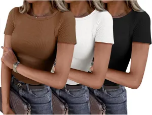 ANRABESS Women Short Sleeve Shirts Rib Knit Slim Fitted Summer Basic Tee Tops 2025 Underwear Outfits Clothes 3 Pack