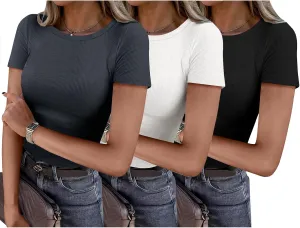 ANRABESS Women Short Sleeve Shirts Rib Knit Slim Fitted Summer Basic Tee Tops 2025 Underwear Outfits Clothes 3 Pack