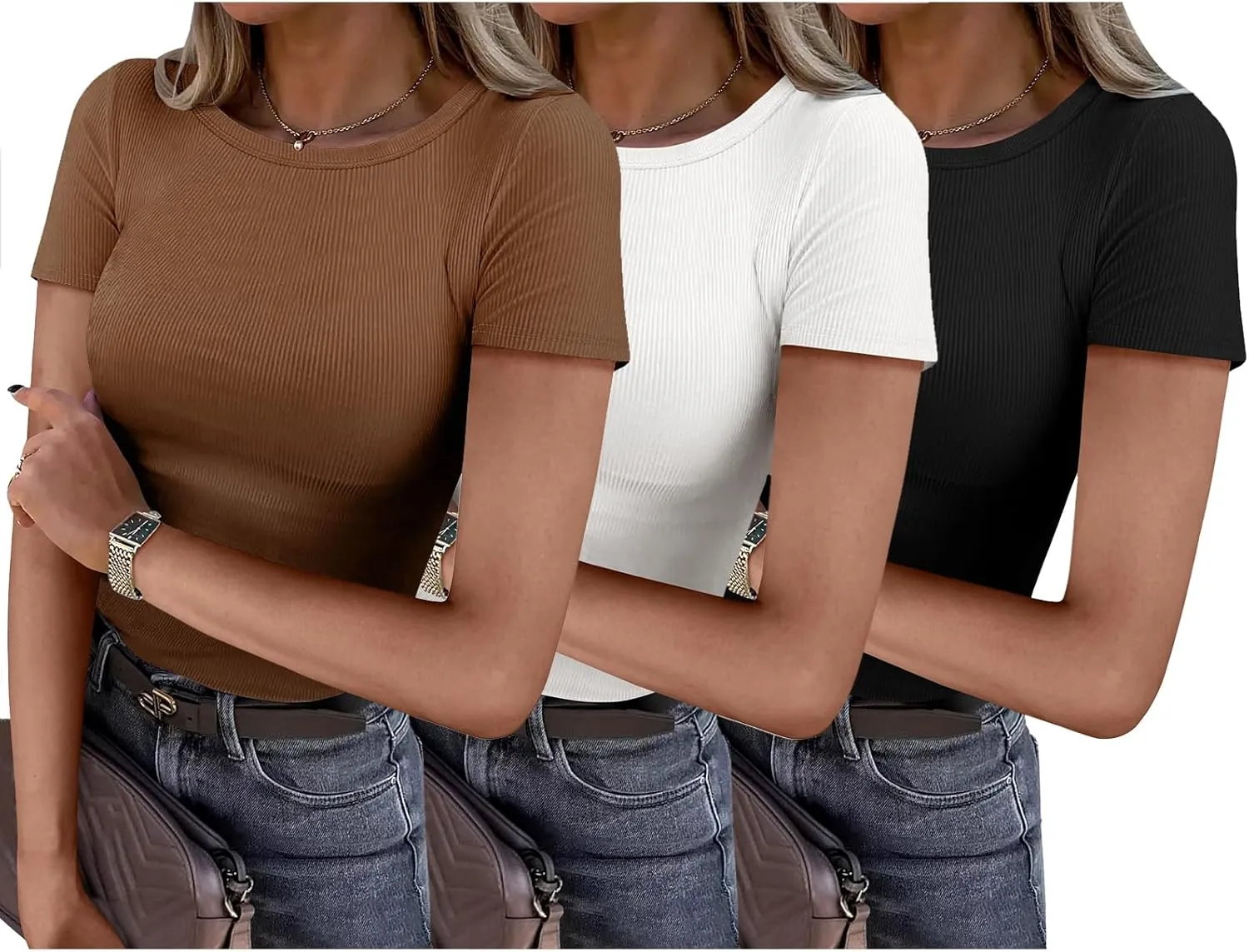 ANRABESS Women Short Sleeve Shirts Rib Knit Slim Fitted Summer Basic Tee Tops 2025 Underwear Outfits Clothes 3 Pack