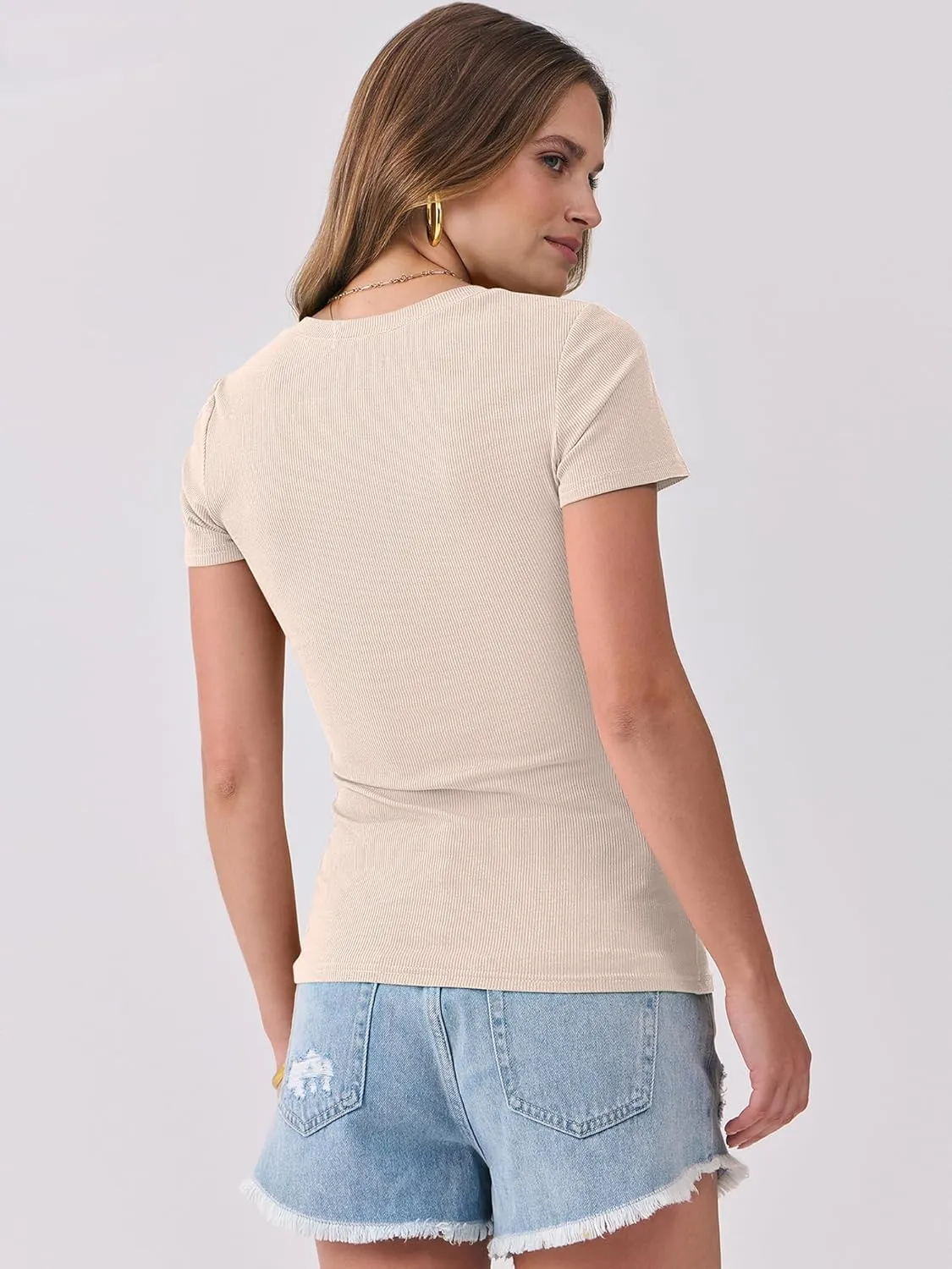 ANRABESS Women Short Sleeve Tops V Neck Rib Knit Slim Fit Shirts Basic Tee 2025 Summer Casual T-Shirt Outfits Clothes
