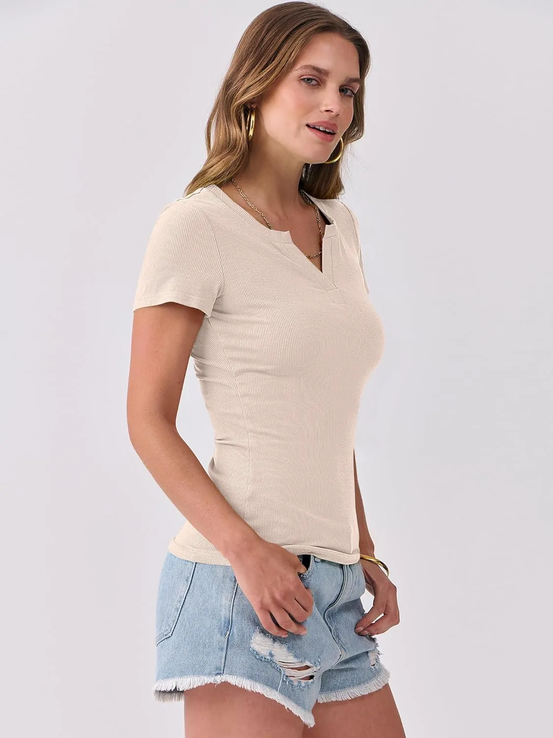 ANRABESS Women Short Sleeve Tops V Neck Rib Knit Slim Fit Shirts Basic Tee 2025 Summer Casual T-Shirt Outfits Clothes