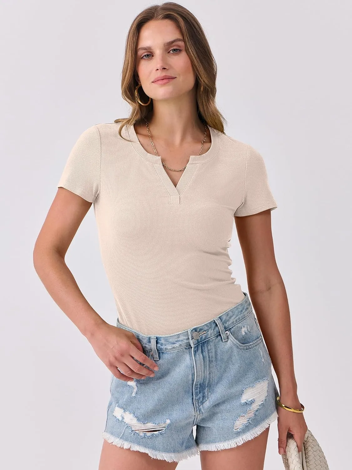 ANRABESS Women Short Sleeve Tops V Neck Rib Knit Slim Fit Shirts Basic Tee 2025 Summer Casual T-Shirt Outfits Clothes