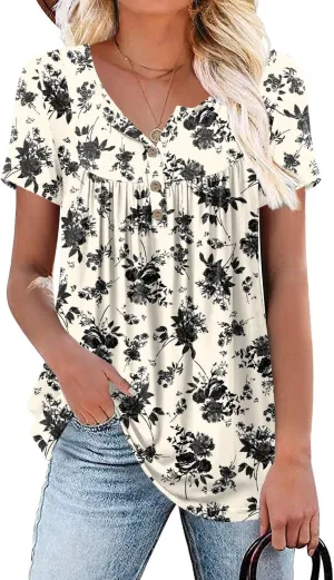 Aodemo Womens Summer Plus Size Tops 2025 Short Sleeve Shirts Henley Loose Fit Tunic Ladies Flowy Blouse M-4XL
