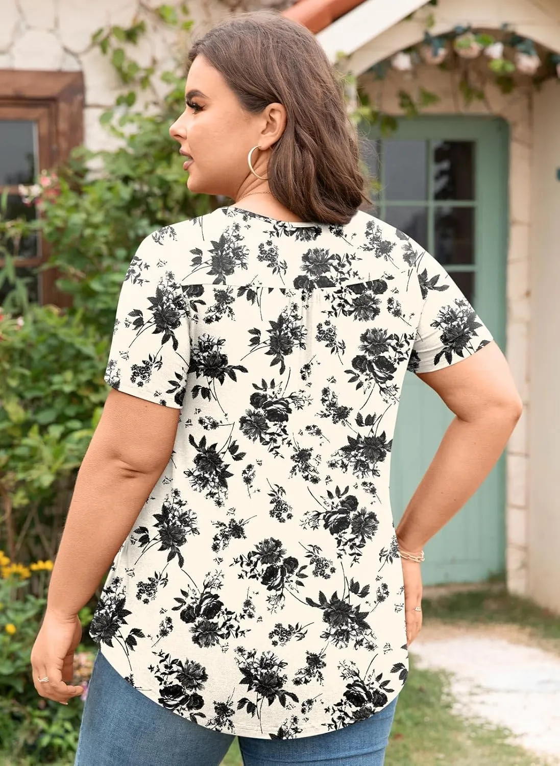 Aodemo Womens Summer Plus Size Tops 2025 Short Sleeve Shirts Henley Loose Fit Tunic Ladies Flowy Blouse M-4XL