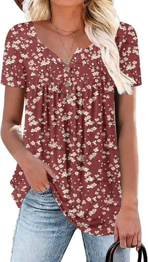 Aodemo Womens Summer Plus Size Tops 2025 Short Sleeve Shirts Henley Loose Fit Tunic Ladies Flowy Blouse M-4XL