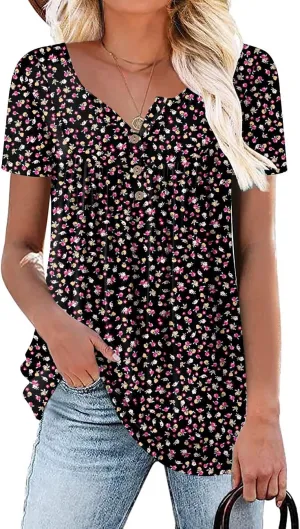 Aodemo Womens Summer Plus Size Tops 2025 Short Sleeve Shirts Henley Loose Fit Tunic Ladies Flowy Blouse M-4XL