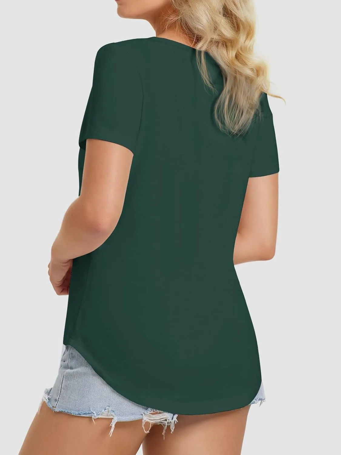ATHMILE Womens V Neck Short Sleeve Summer T Shirts Curved Hem Plain Top Beach