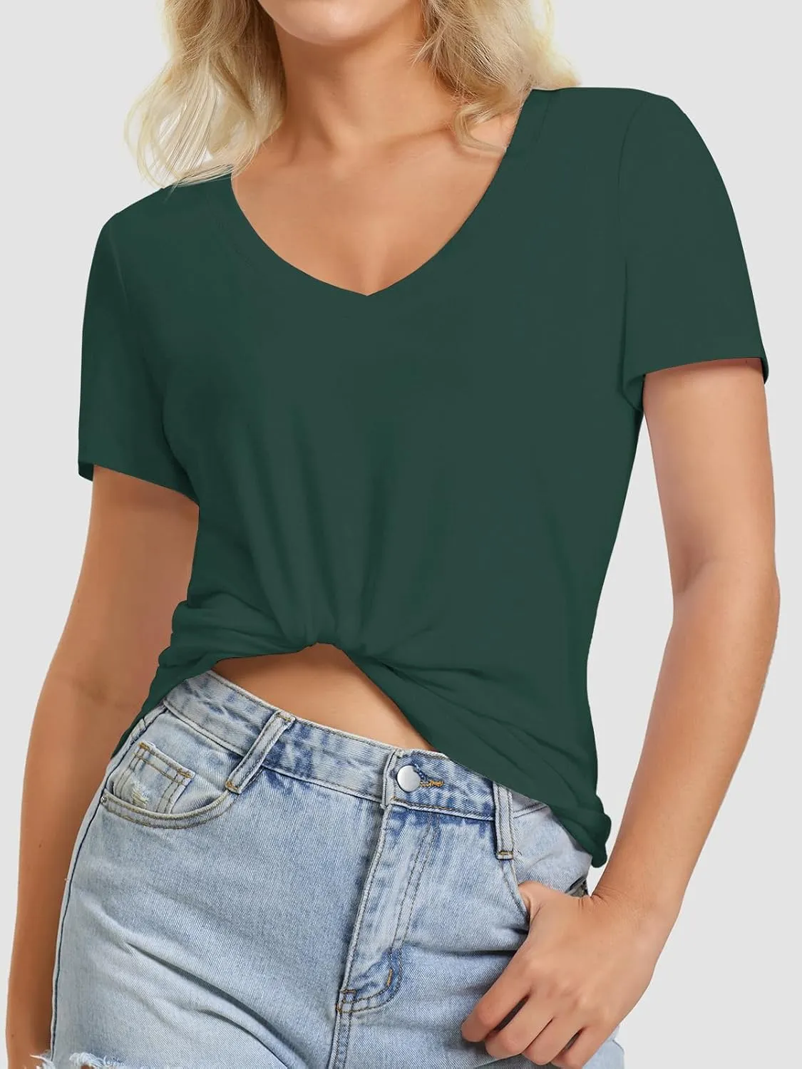 ATHMILE Womens V Neck Short Sleeve Summer T Shirts Curved Hem Plain Top Beach