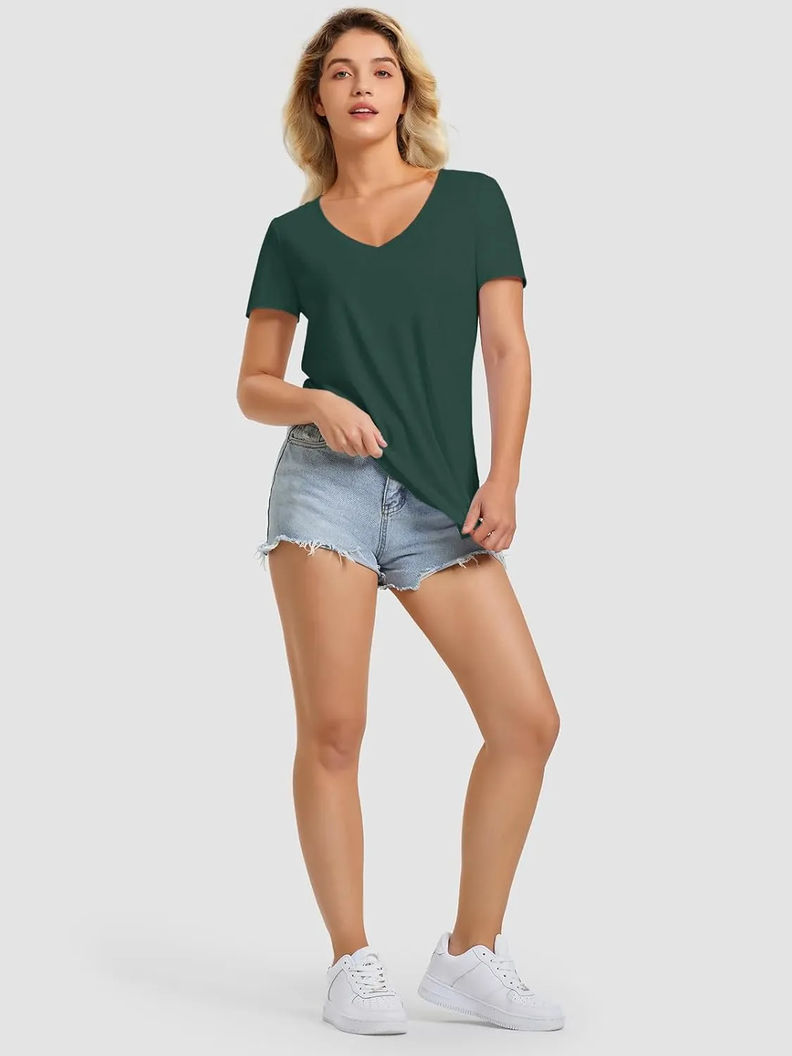 ATHMILE Womens V Neck Short Sleeve Summer T Shirts Curved Hem Plain Top Beach