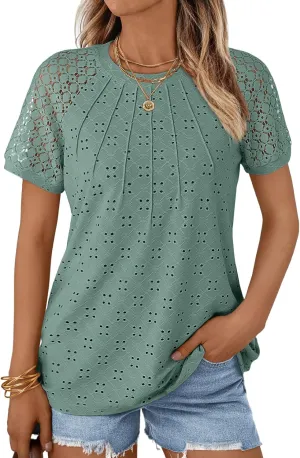 AUTOMET Short Sleeve Shirts for Women Eyelet Embroidery Summer Dressy Tops 2025 Trendy Lace Casual T-Shirts Work Outfits