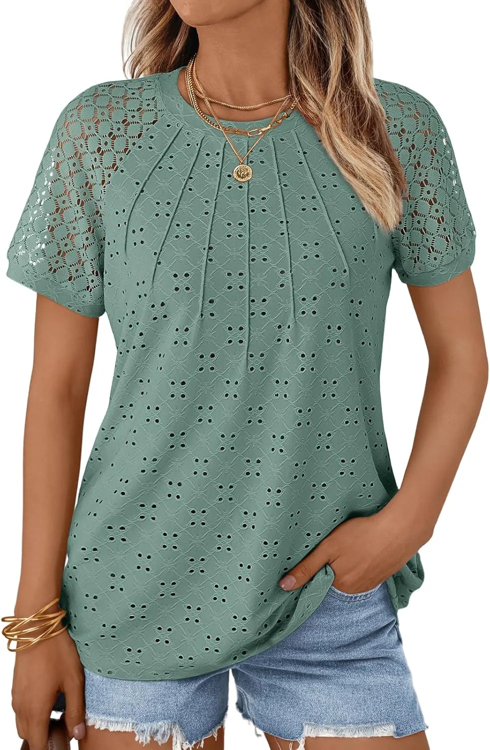 AUTOMET Short Sleeve Shirts for Women Eyelet Embroidery Summer Dressy Tops 2025 Trendy Lace Casual T-Shirts Work Outfits