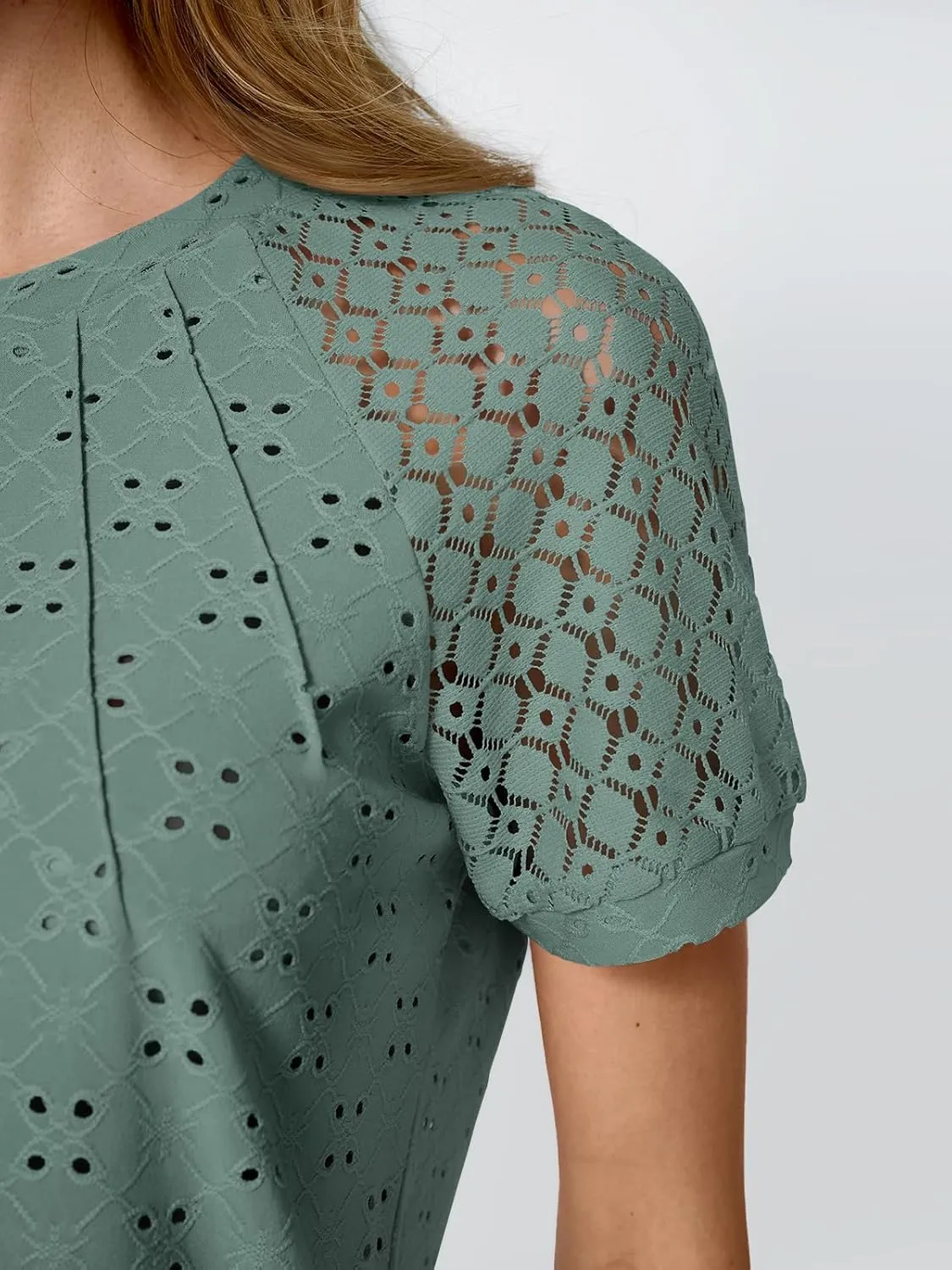 AUTOMET Short Sleeve Shirts for Women Eyelet Embroidery Summer Dressy Tops 2025 Trendy Lace Casual T-Shirts Work Outfits