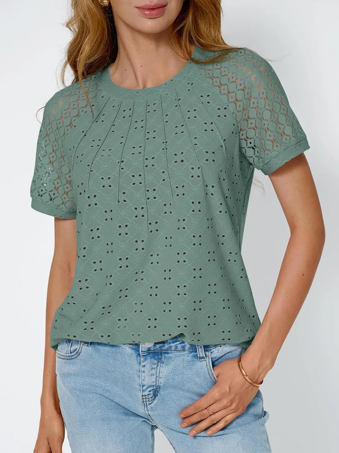 AUTOMET Short Sleeve Shirts for Women Eyelet Embroidery Summer Dressy Tops 2025 Trendy Lace Casual T-Shirts Work Outfits