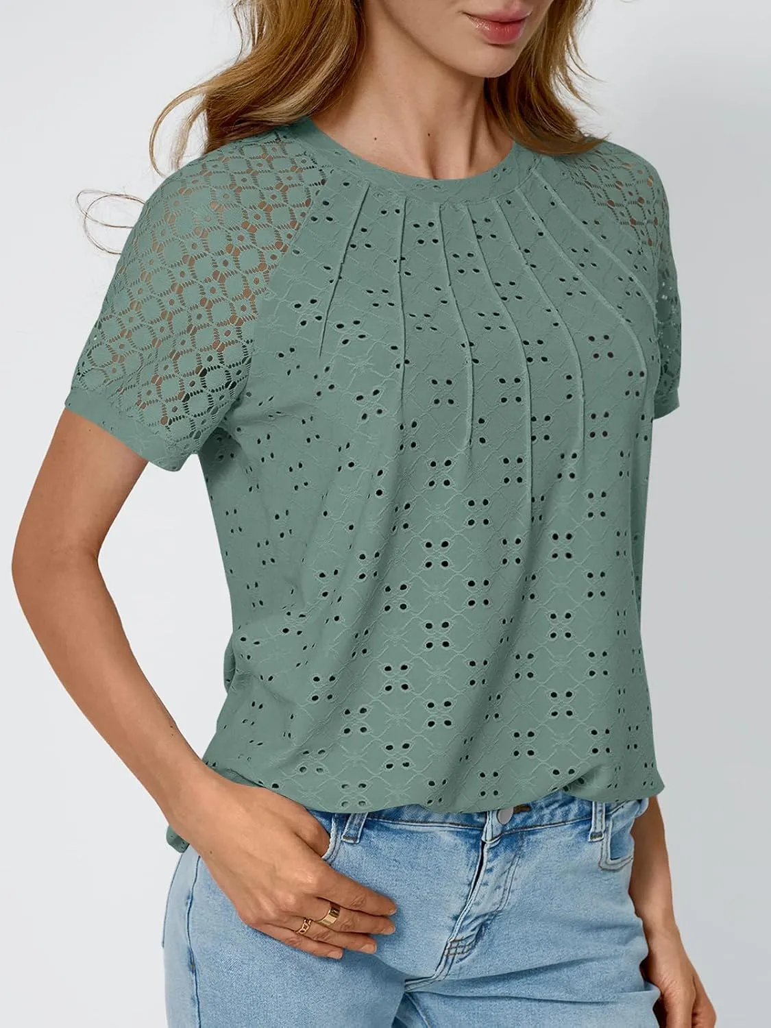 AUTOMET Short Sleeve Shirts for Women Eyelet Embroidery Summer Dressy Tops 2025 Trendy Lace Casual T-Shirts Work Outfits
