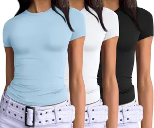 AUTOMET Womens 3 Piece Short Sleeve Shirts Basic Going Out Slim Fitted Crop Tops 2025 Summer Y2k Clothes