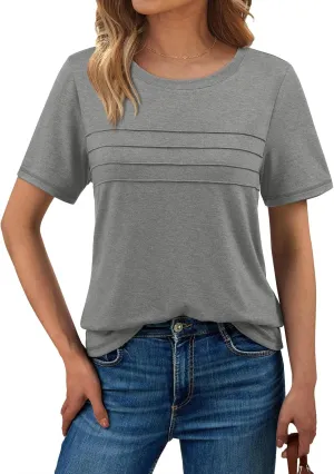 AUTOMET Women's Summer Short Sleeve Shirts Trendy T-Shirts Dressy Casual Blouses 2025 Crew Neck Tunic Beach Fashion Tops