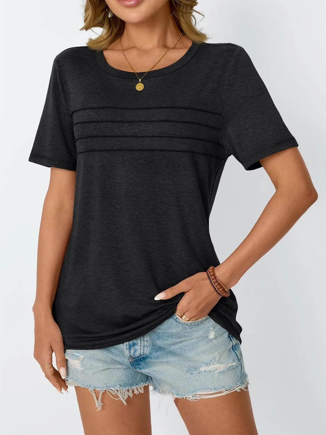 AUTOMET Women's Summer Short Sleeve Shirts Trendy T-Shirts Dressy Casual Blouses 2025 Crew Neck Tunic Beach Fashion Tops
