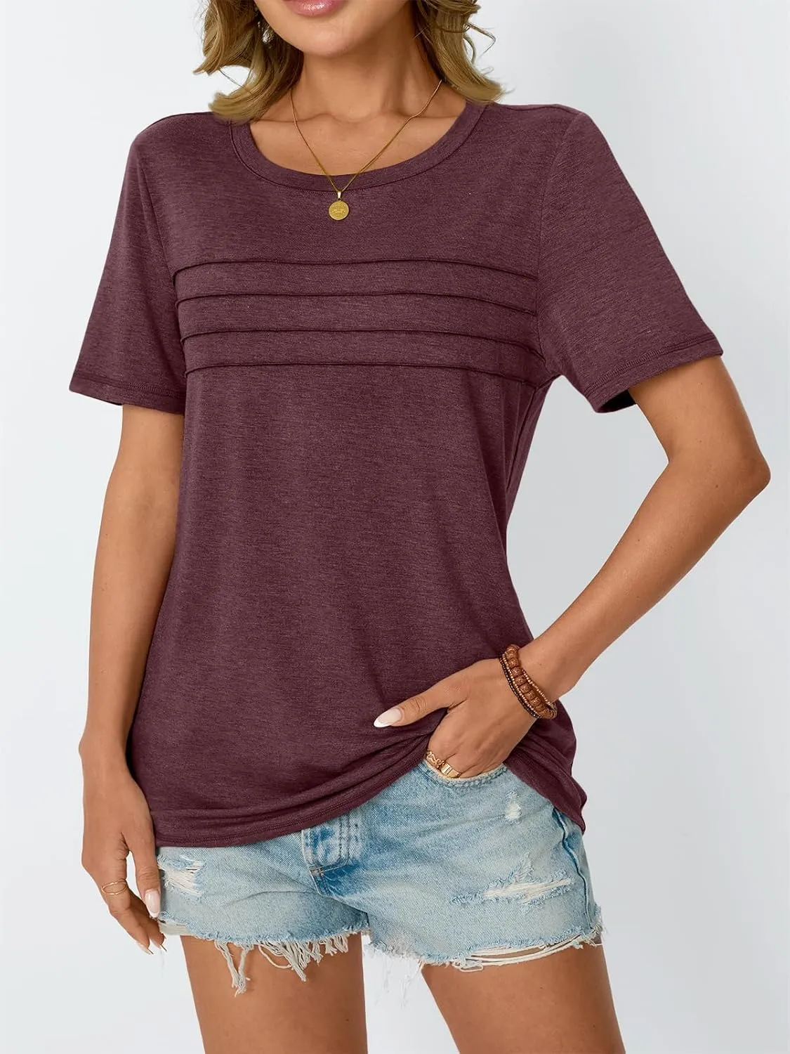 AUTOMET Women's Summer Short Sleeve Shirts Trendy T-Shirts Dressy Casual Blouses 2025 Crew Neck Tunic Beach Fashion Tops