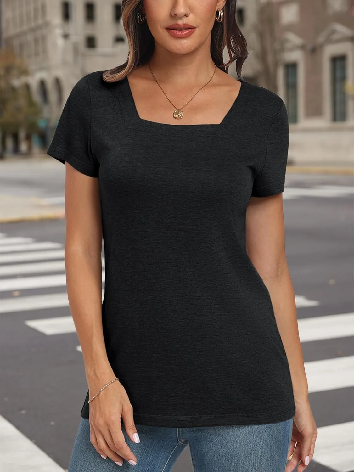 AUTOMET Womens Tops Casual Spring Summer Tshirts 2025 Short Sleeve Square Neck Basic Tee Outfits