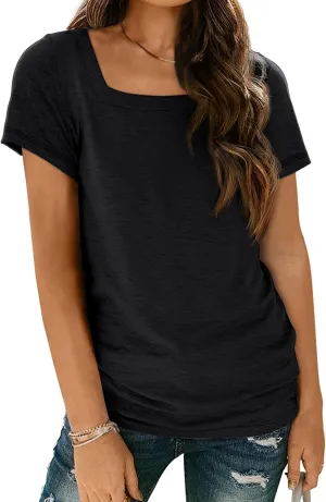AUTOMET Womens Tops Casual Spring Summer Tshirts 2025 Short Sleeve Square Neck Basic Tee Outfits