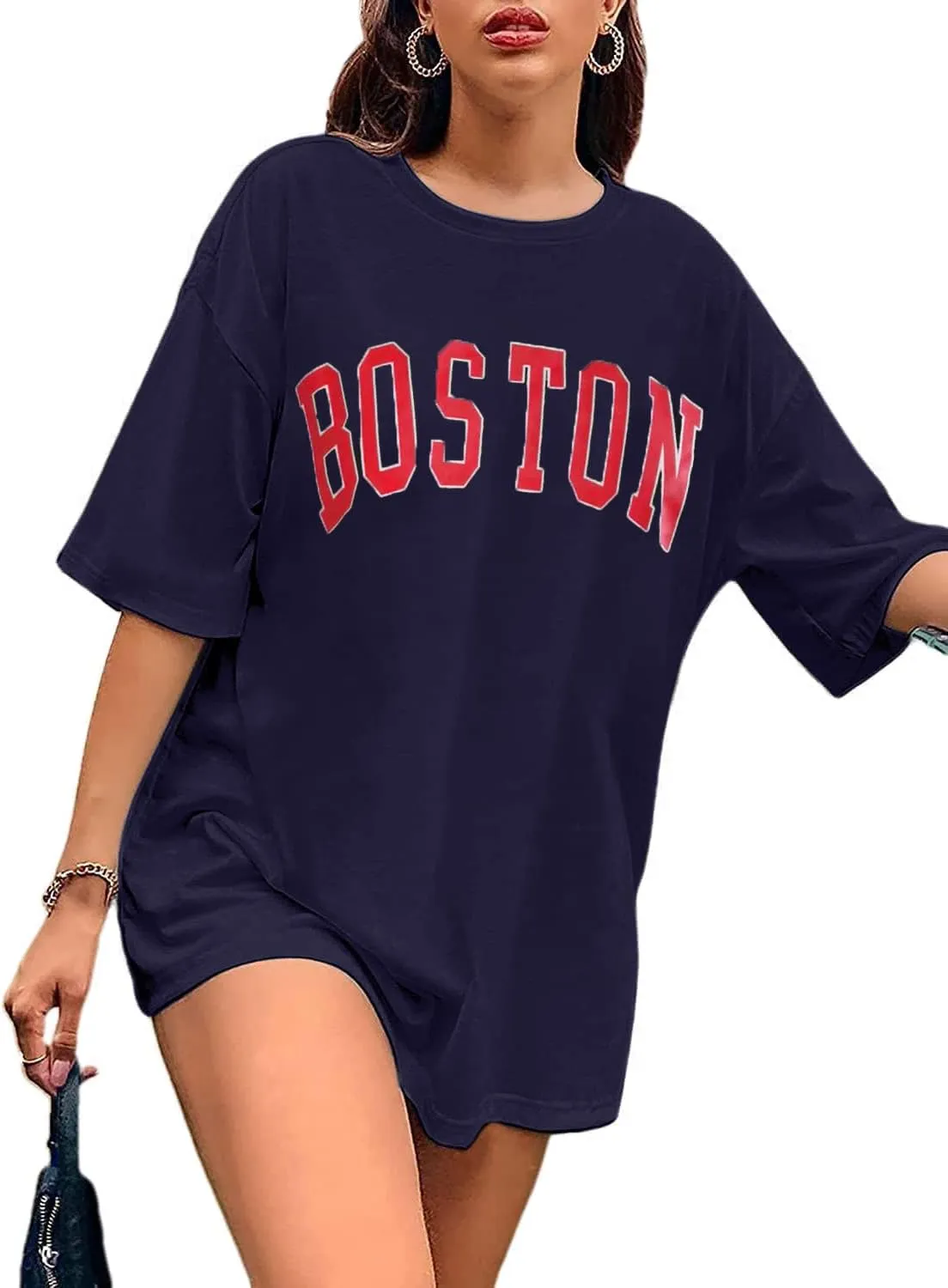 Avanova Women Letter Graphic Print Oversized Tee Shirt Short Sleeve Loose Fit Tops