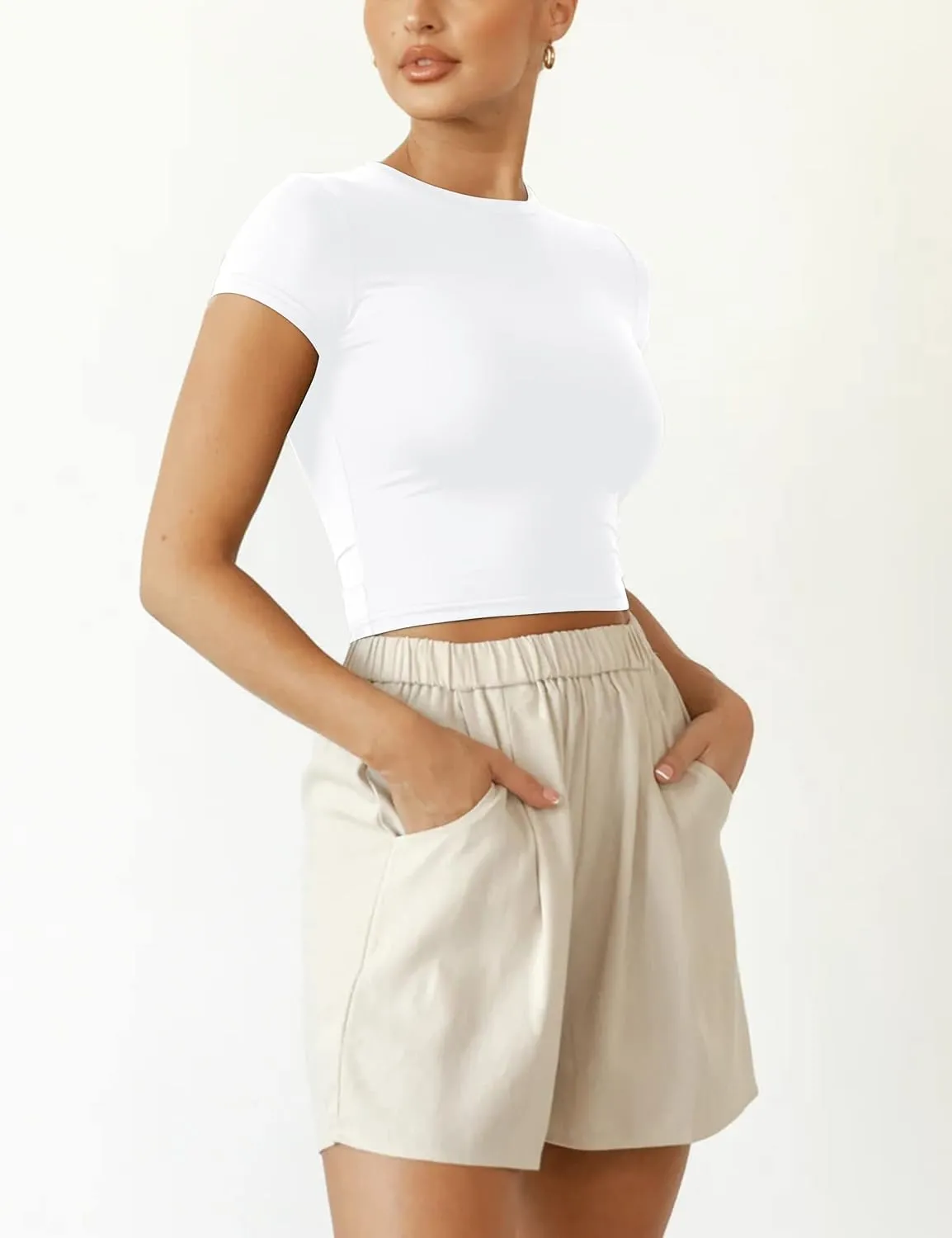 BAIGRAM Women Slim Fit Cap Sleeve Round Neck Crop Tee Top Basic Solid Form Fitting Stretchy Tshirt Summer Baby Tee