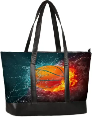 Basketball Water Fire Laptop Tote Bag for Women Lightweight Work Purse with Multiple Compartments Fits 13-15.6 Inch Laptop Tablet Shoulder Bag for Office Travel Daily Use