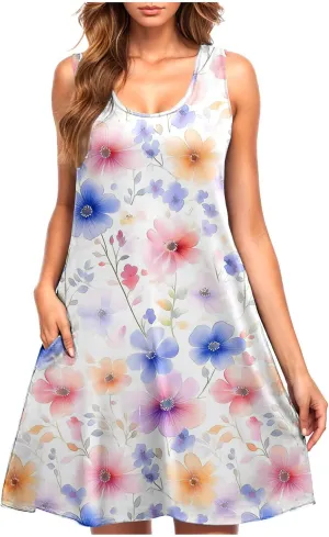 Beach Dresses for Women Trendy Swimsuit Cover Ups Sleeveless Vacation Dresses Floral Swing Mini Dress